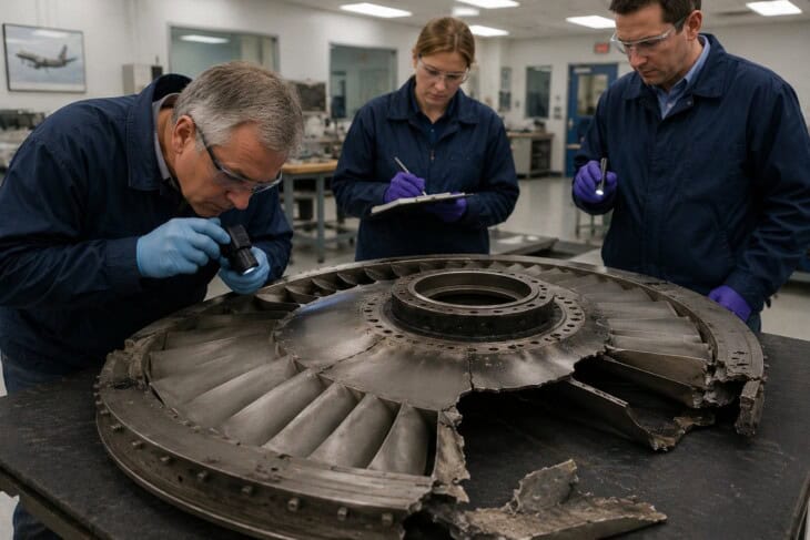 Aviation accident investigators examining a fractured jet engine fan disk component at an investigation facility