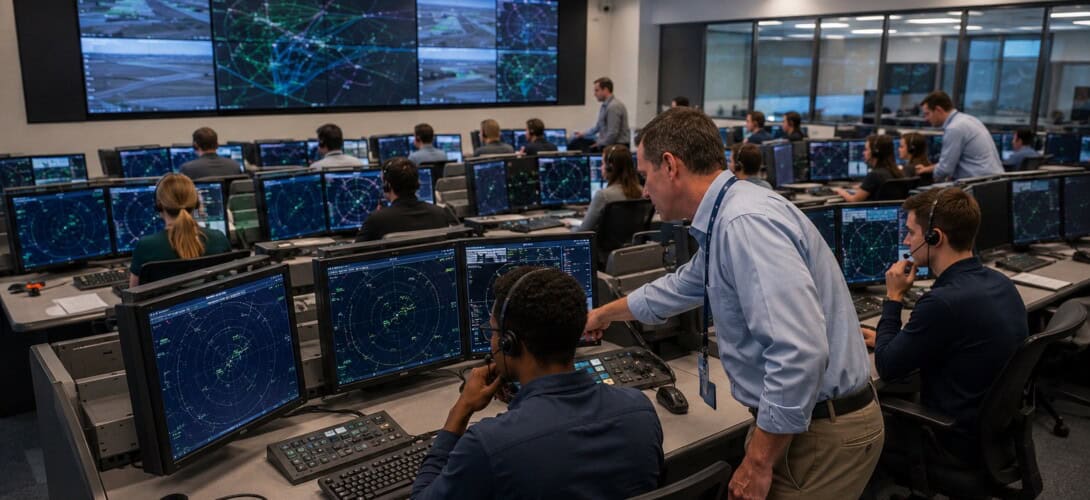 Air traffic controller training facility with rows of simulated radar workstations and students learning alongside instructors
