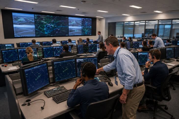 Air traffic controller training facility with rows of simulated radar workstations and students learning alongside instructors