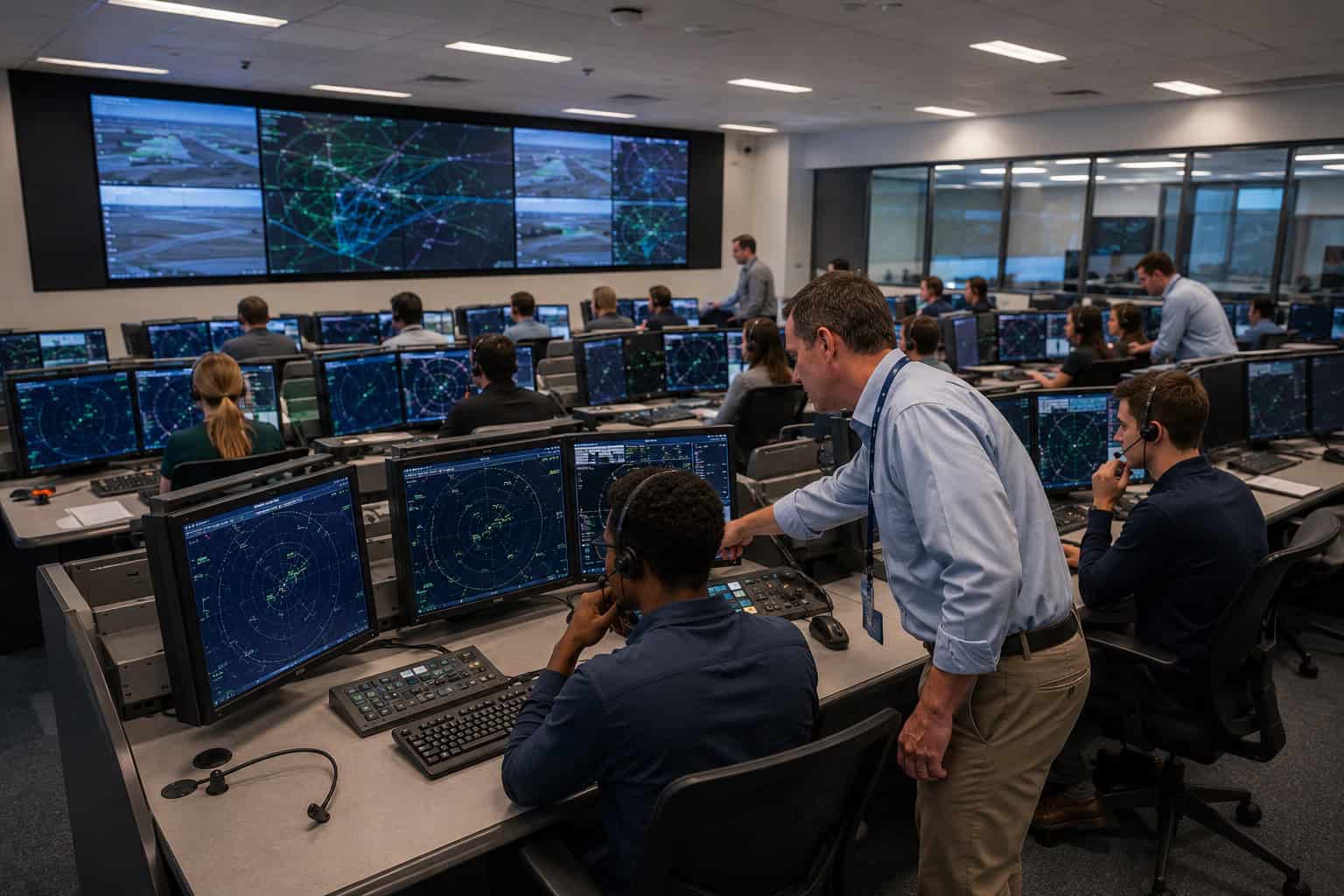 Air traffic controller training facility with rows of simulated radar workstations and students learning alongside instructors