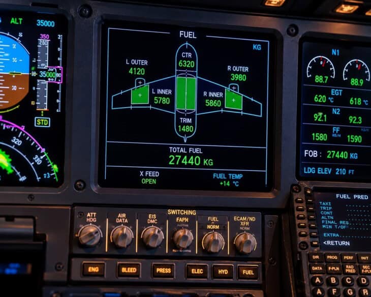 Fuel quantity display on a commercial aircraft flight deck showing tank levels