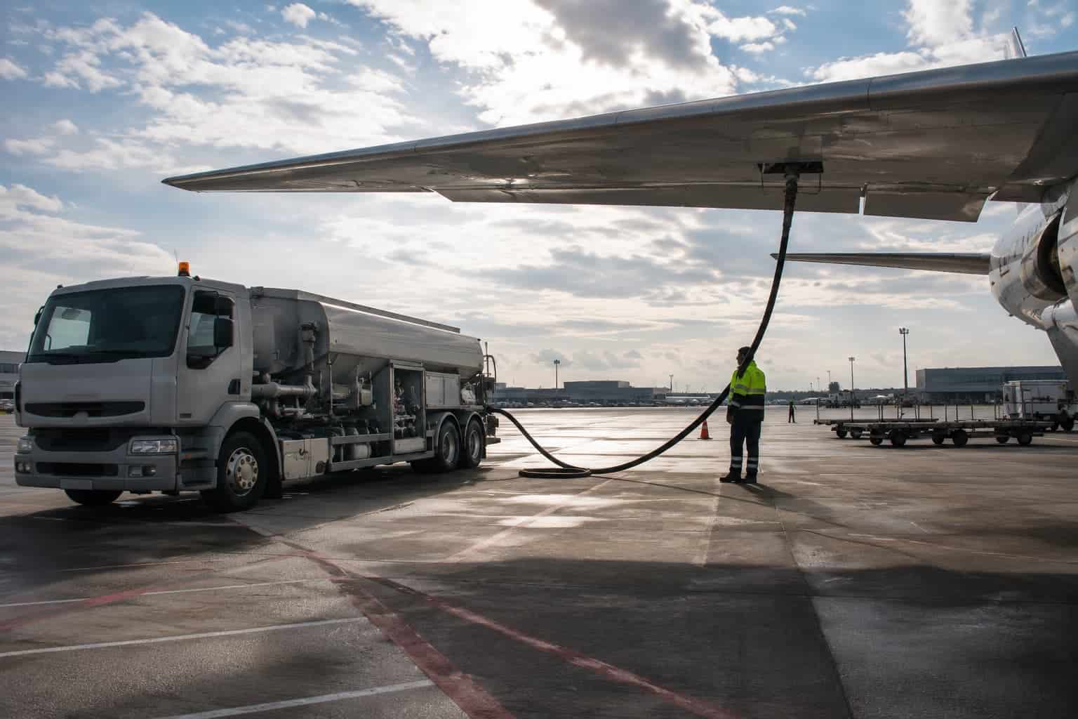 Fuel truck connecting to aircraft wing