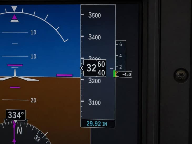 Garmin G1000 primary flight display showing the altitude tape and vertical speed readout on the right side of the screen during a descent