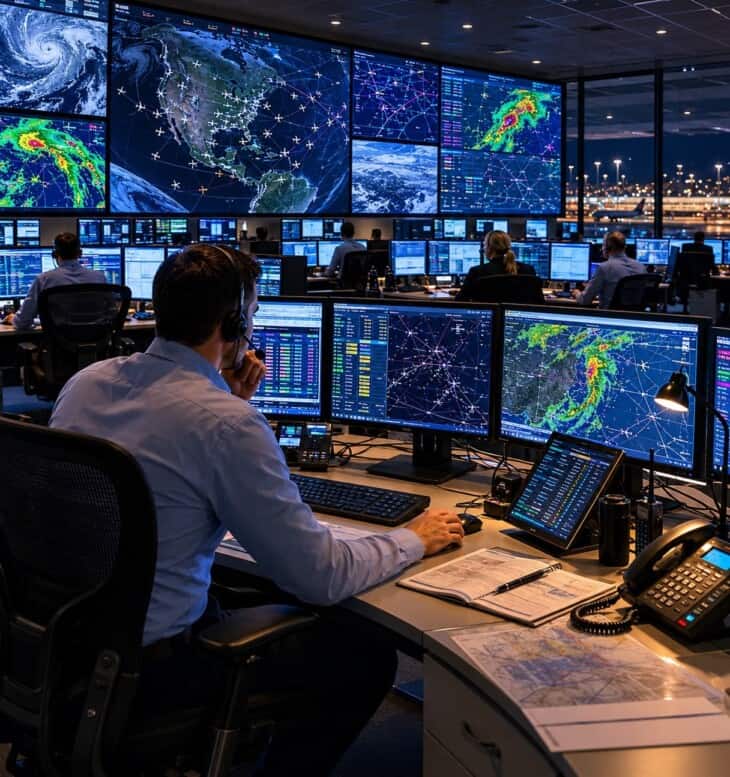 Airline operations control centre with dispatchers monitoring flights at night