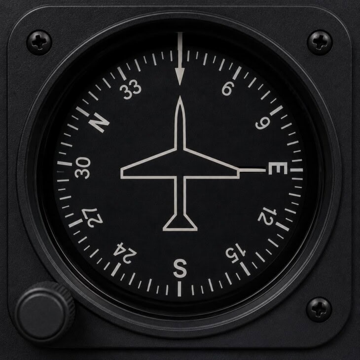 Close-up of a heading indicator dial showing the rotating compass card with degree markings, lubber line at top, and aircraft heading of approximately 090 degrees east