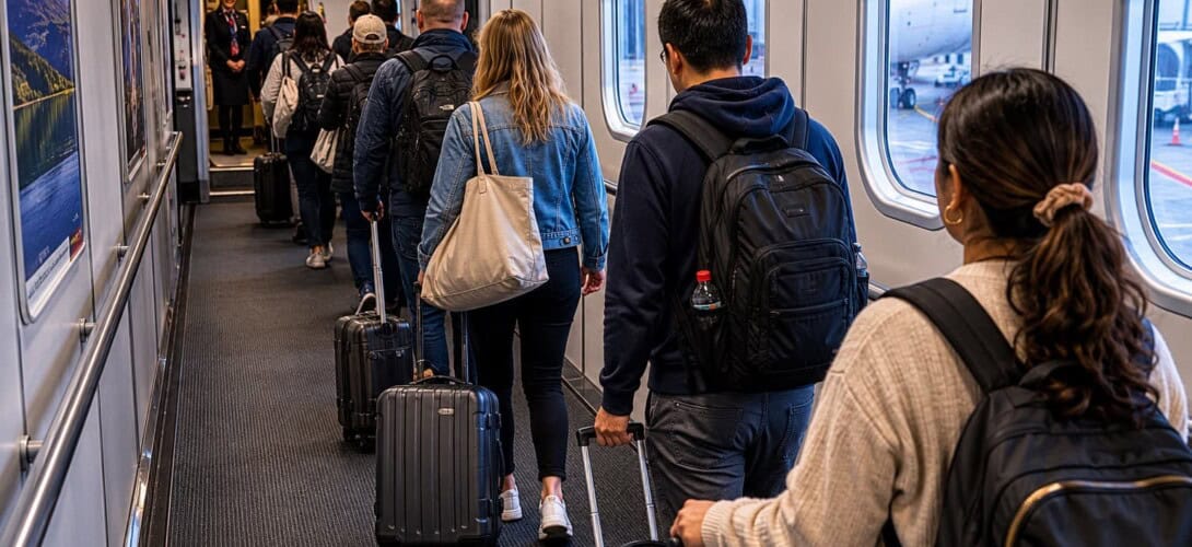 Jet bridge with stream of passengers boarding