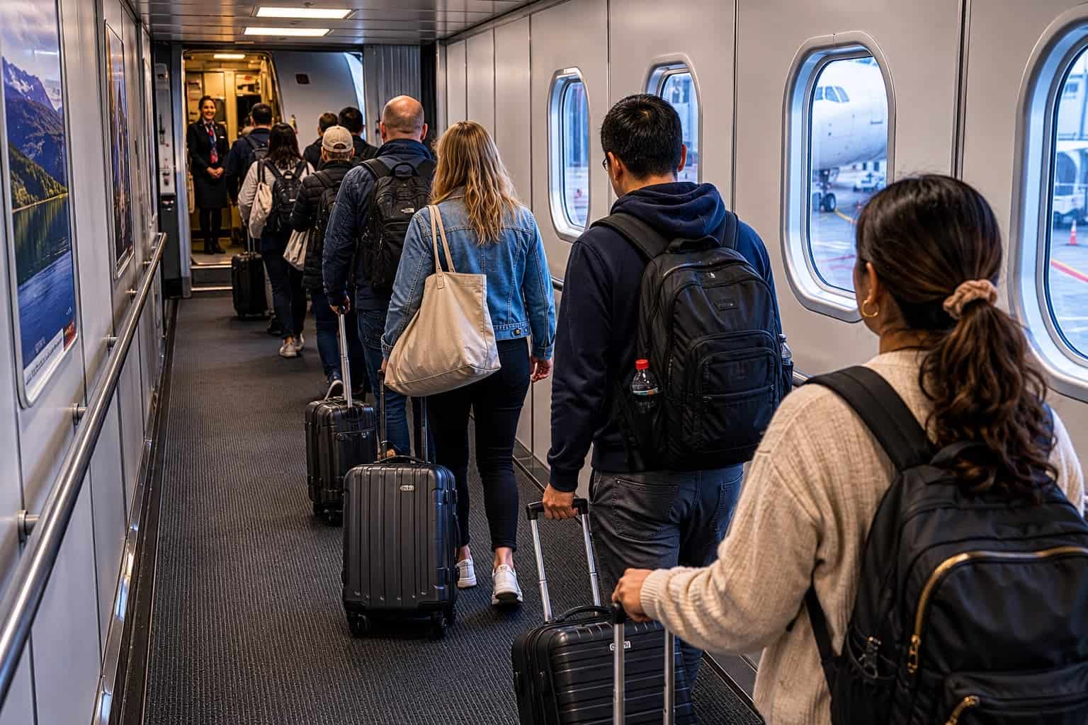 Jet bridge with stream of passengers boarding