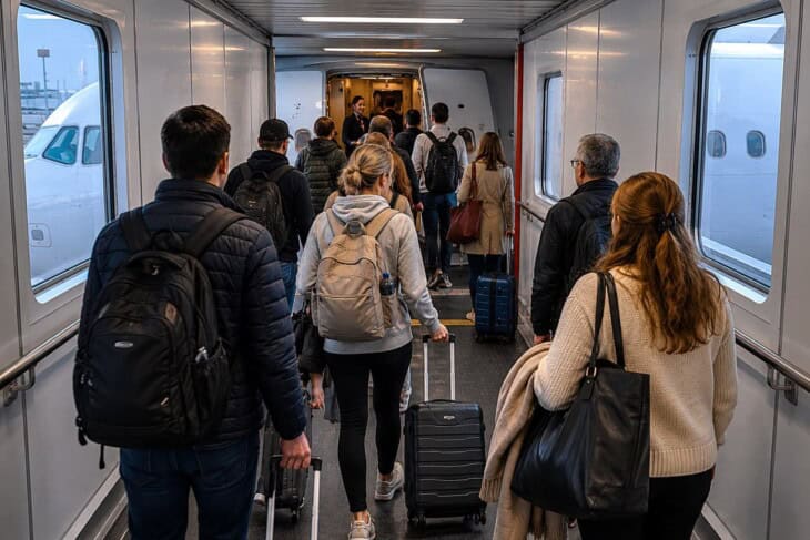 Passengers walking down a jet bridge toward an aircraft door during boarding
