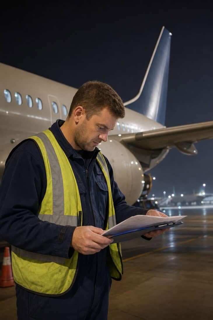 Aircraft maintenance engineer in overalls and high-visibility vest reviewing a technical log on a clipboard on the ramp at night, with the tail of a commercial aircraft visible in the background