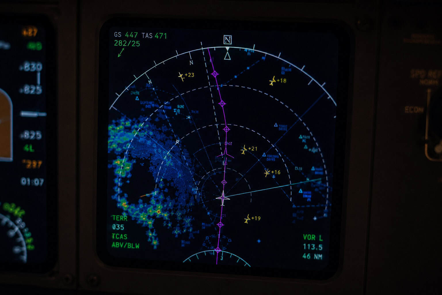 Aircraft navigation display in a commercial cockpit showing route line and waypoints during cruise flight