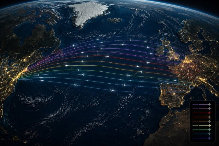 Overhead view of the North Atlantic Organised Track System showing parallel curved flight paths crossing the ocean from North America to Europe