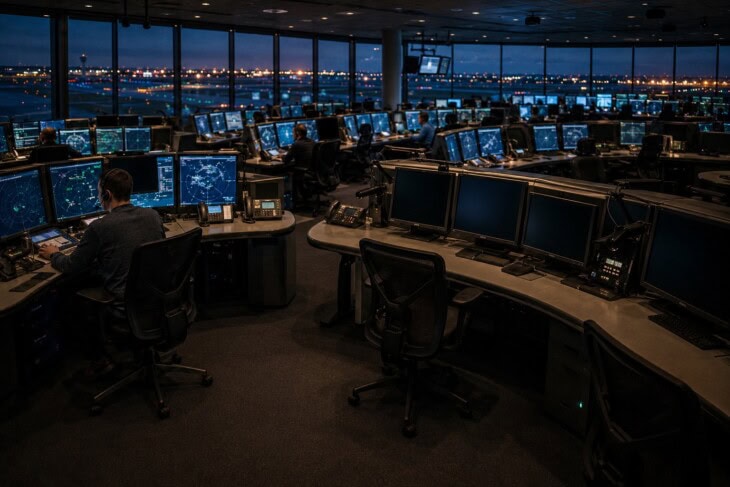 Air traffic control center with rows of workstations, some occupied by controllers and others visibly empty, illustrating partial staffing
