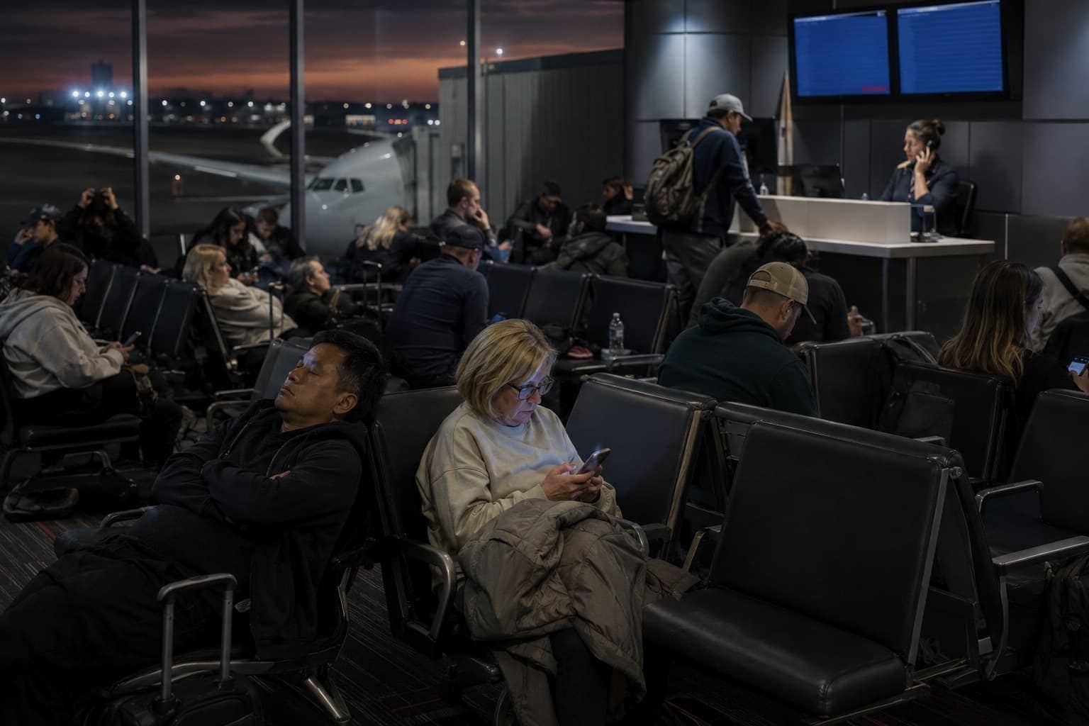 Passengers waiting at gate during long delay