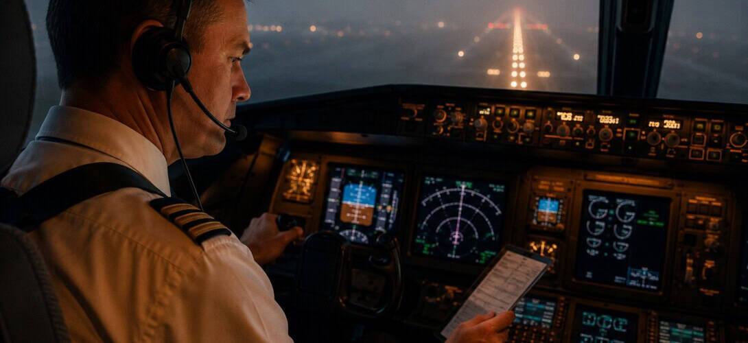 Commercial pilot in cockpit during emergency procedures, focused on instruments and controls with runway visible through windscreen
