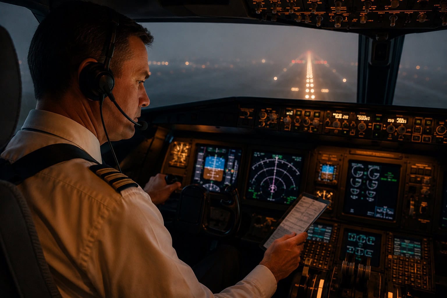 Commercial pilot in cockpit during emergency procedures, focused on instruments and controls with runway visible through windscreen