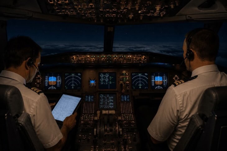 Two pilots in the cockpit of a commercial aircraft during a long overnight duty period