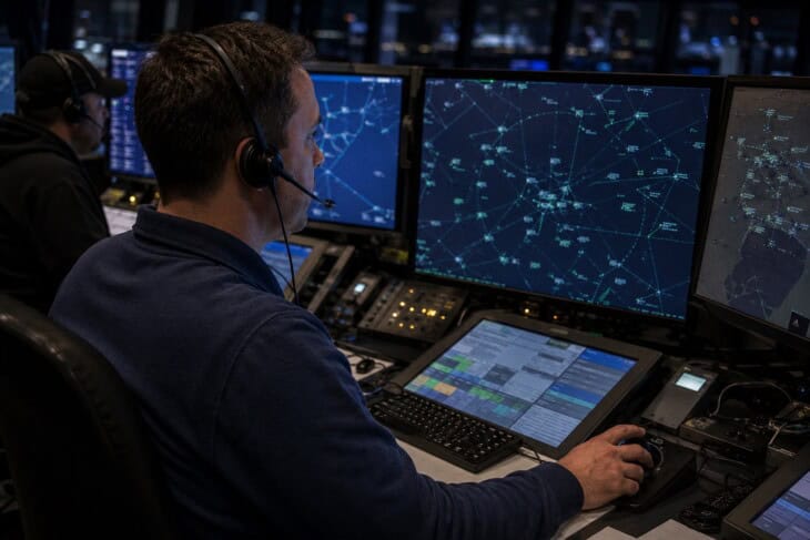 Air traffic controller at a TRACON radar workstation focused on a glowing radar display