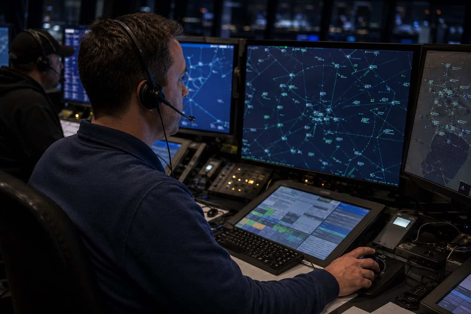 Air traffic controller at a TRACON radar workstation focused on a glowing radar display