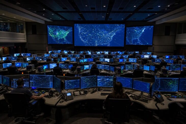 FAA Air Traffic Control System Command Center operations floor in Warrenton, Virginia