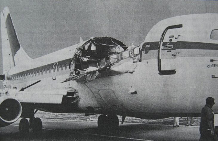 The fuselage of Aloha Airlines Flight 243 after exploding while in flight on April 28, 1988