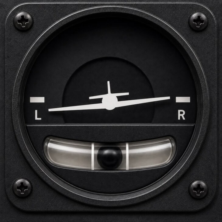 Close-up of a turn coordinator showing the miniature aircraft symbol with right wing banked to the standard rate reference mark, and the ball inclinometer centred below