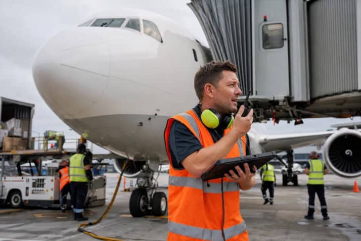 Turnaround coordinator in high-visibility vest with tablet and radio supervising ground crew at the aircraft
