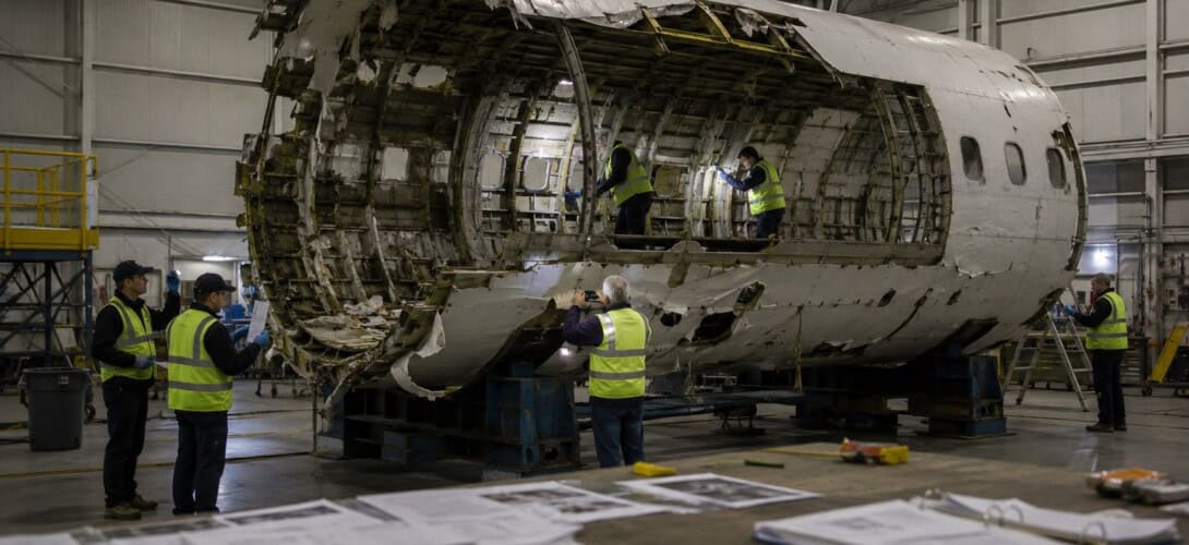 aircraft accident investigation team working around a section of recovered aircraft fuselage