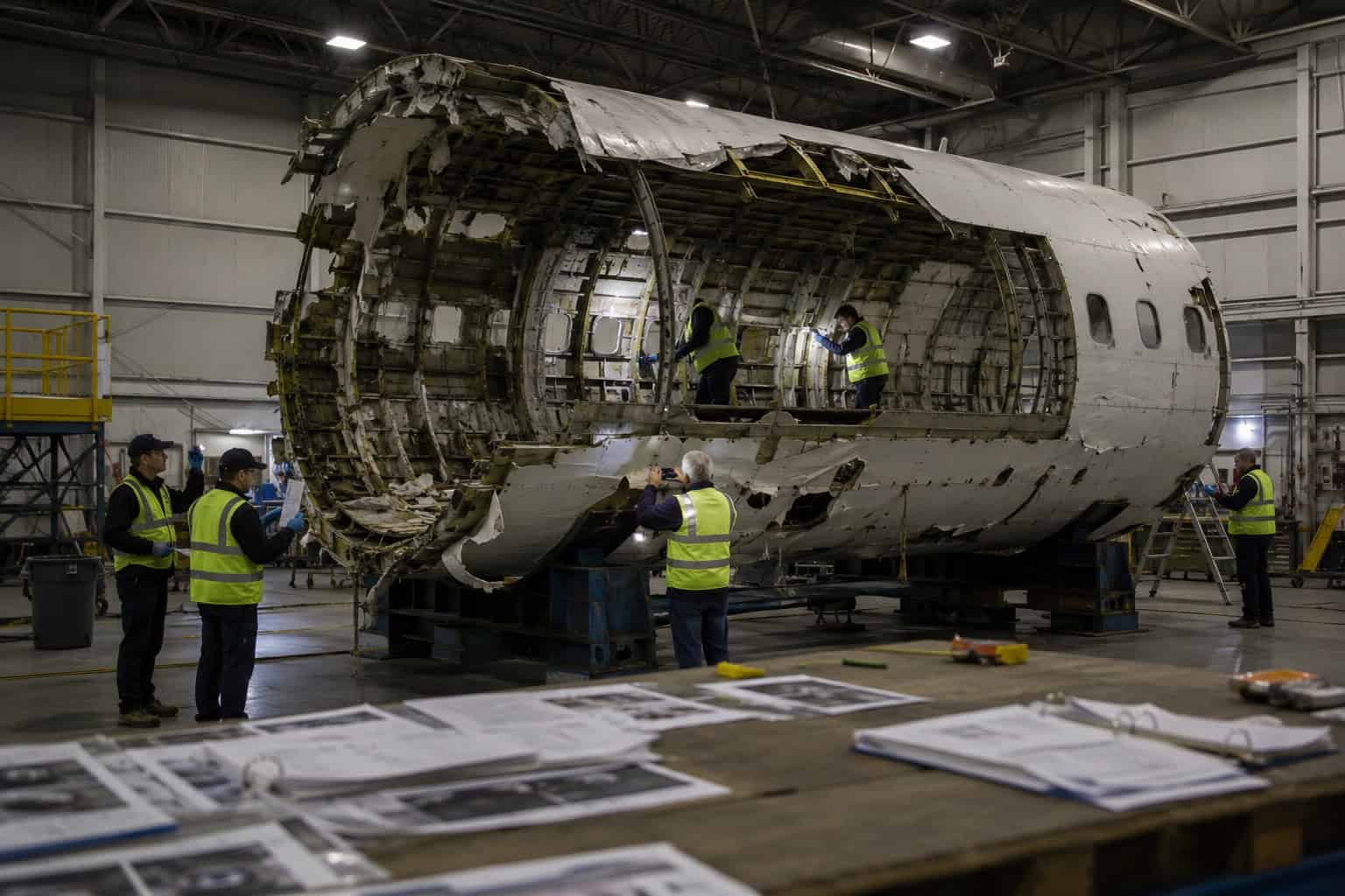 aircraft accident investigation team working around a section of recovered aircraft fuselage