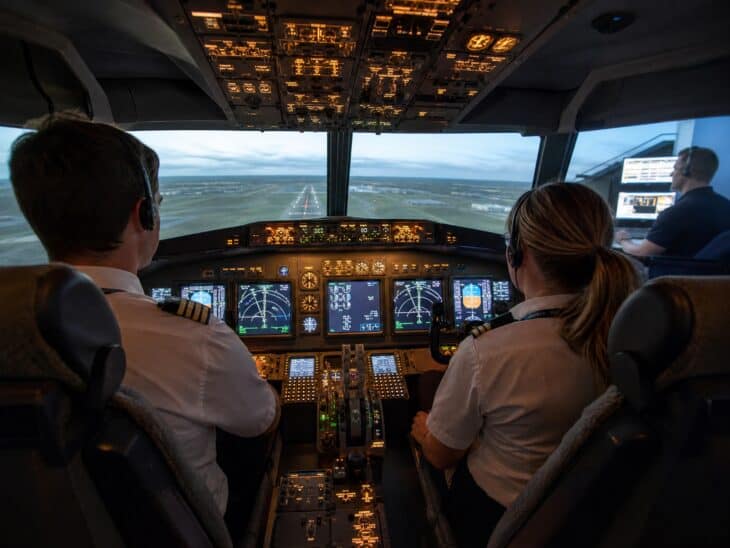 Two airline crew members in a full-motion flight simulator during a crew resource management training exercise