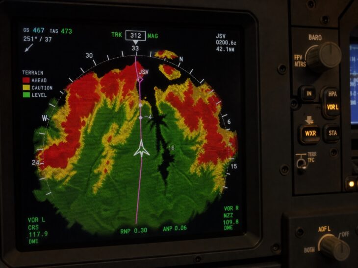 Modern Enhanced GPWS terrain awareness display in a commercial aircraft cockpit showing color-coded terrain proximity mapping