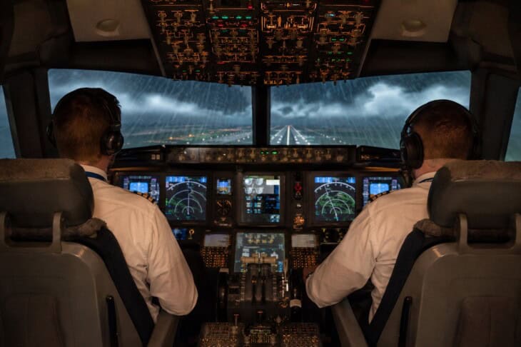 Airline pilots in a full-motion simulator conducting stall recovery and instrument approach training