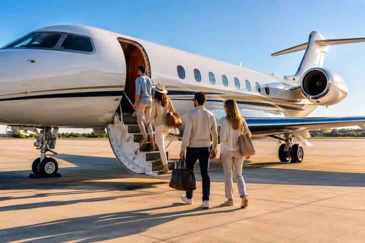 A small group of travellers boarding a private jet via the air stairs on a sunny tarmac