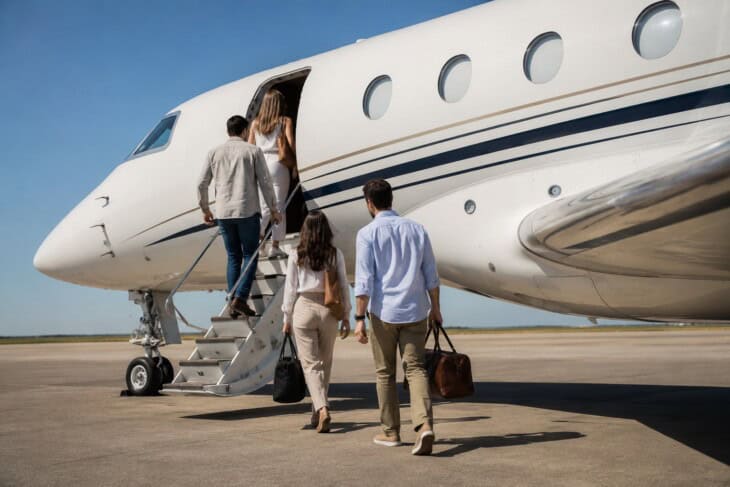 Group boarding a private jet