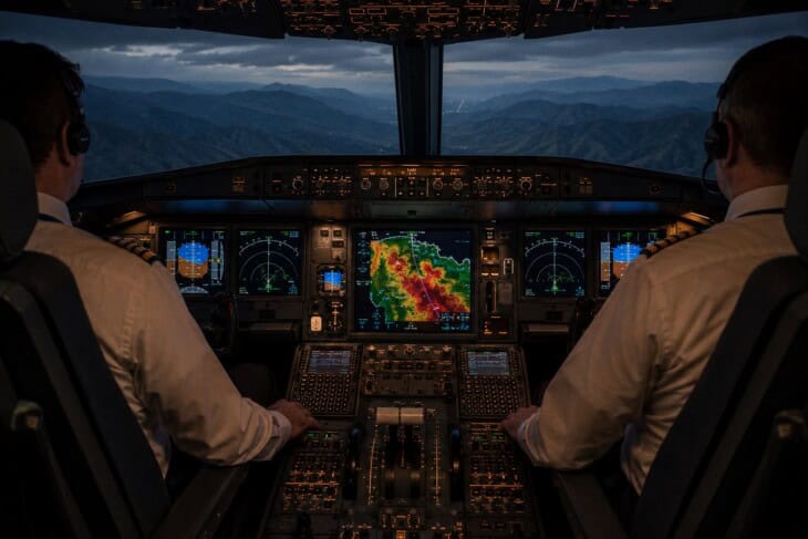 Modern airliner cockpit showing a color-coded TAWS terrain display on the navigation screen