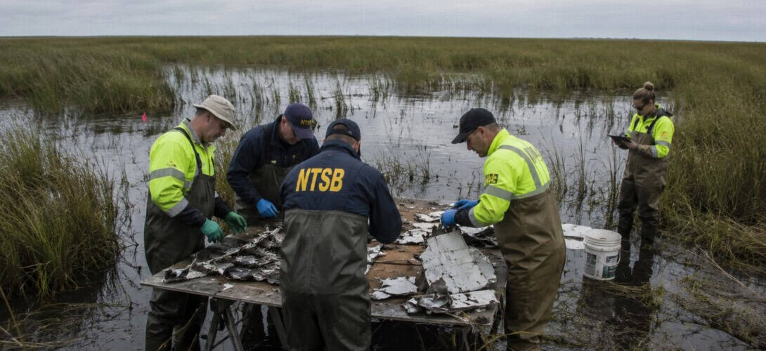 NTSB investigators and recovery personnel working at the edge of a shallow Florida marsh