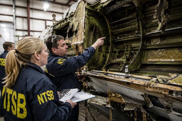 NTSB investigators examining reconstructed center wing tank structure during the TWA Flight 800 investigation