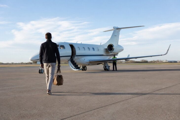 Passenger walking across a tarmac apron toward a private jet with stairs down