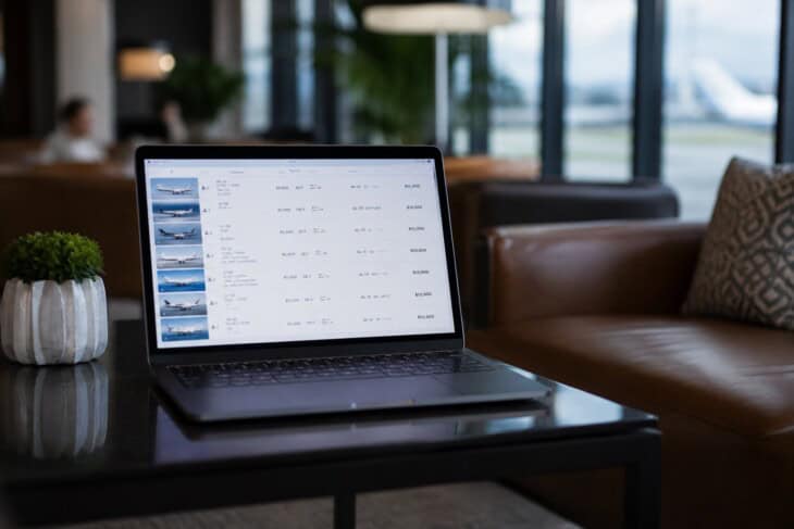 Private jet listing on a laptop screen at an FBO lounge