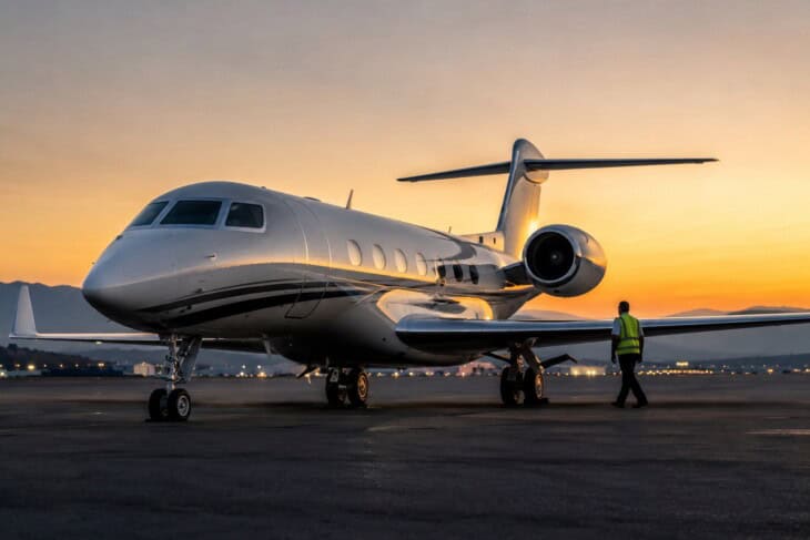 A private jet repositioning on the tarmac with no passengers aboard