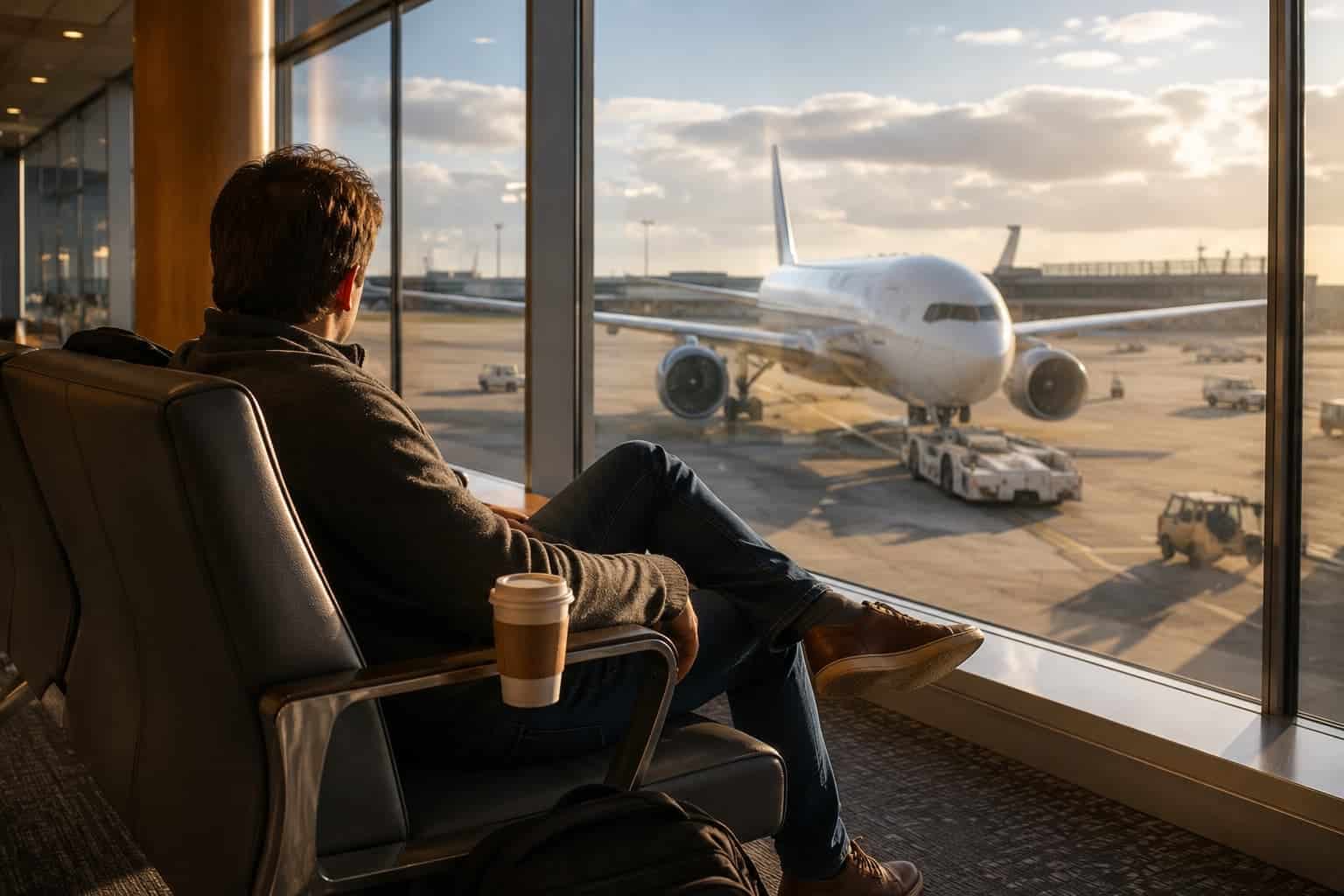Traveler at a floor to ceiling terminal window watching a wide body aircraft push back, coffee in hand