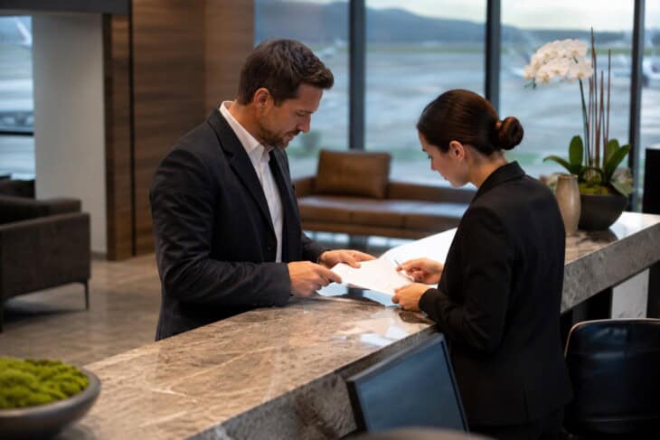A traveller reviewing a private aviation booking at an FBO reception desk