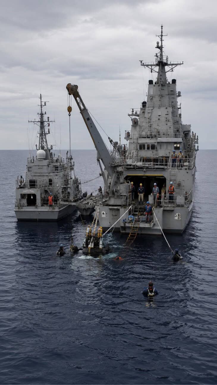 Recovery vessel and dive support equipment deployed in the Atlantic Ocean during the TWA Flight 800 investigation