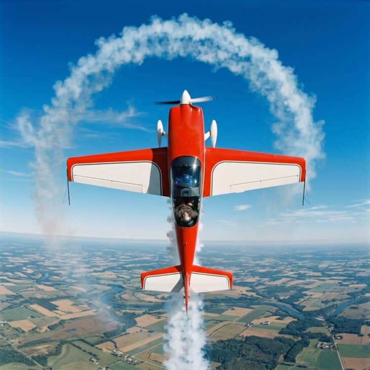Red and white aerobatic aircraft inverted at the top of a loop over a rural landscape