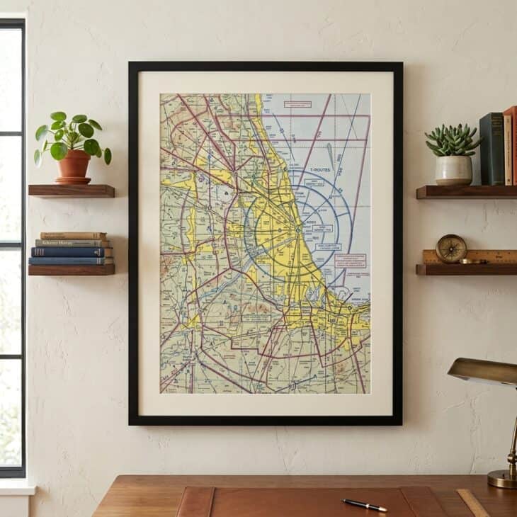 Large framed VFR sectional chart in a black metal frame on a textured plaster wall flanked by potted plants