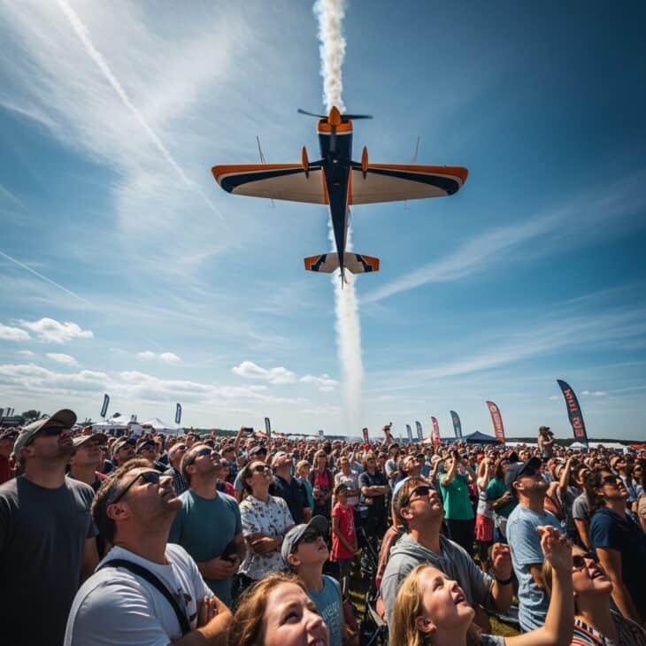 Air show crowd watching aerobatics aircraft perform a low pass overhead on a bright sunny day