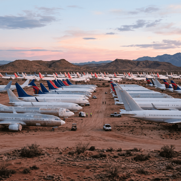 Rows of stored airliners in the Arizona desert at dawn with their tails catching the first pink light
