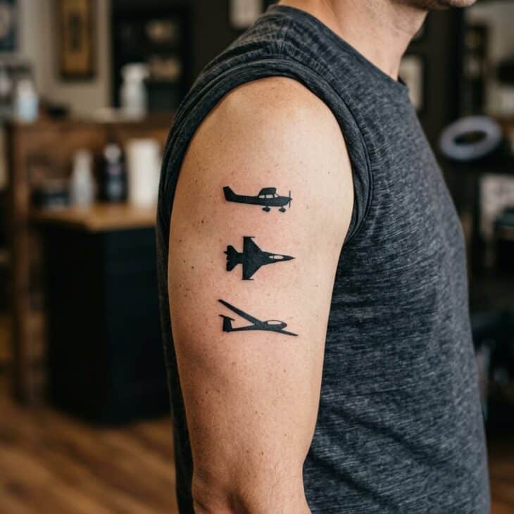 Three small generic aircraft silhouette tattoos arranged vertically on an adult upper arm