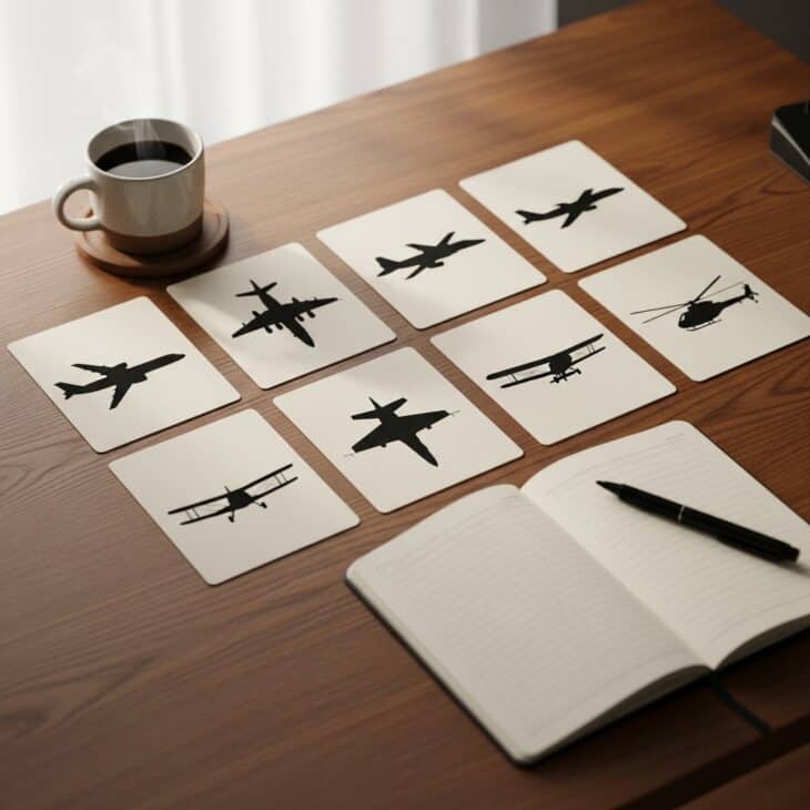 Aviation silhouette reference cards spread on a table alongside a notebook and coffee cup