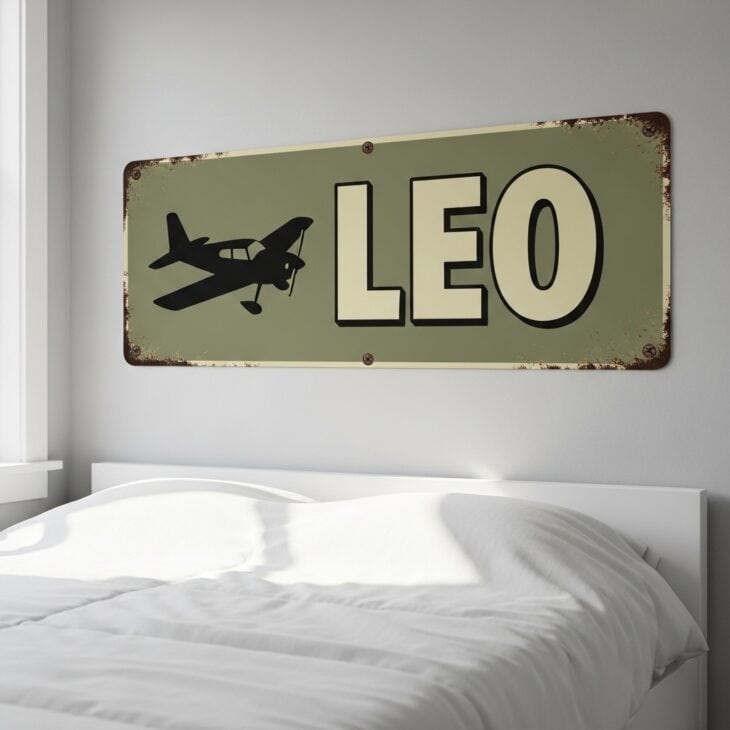 Personalized airfield-style name sign with retro aviation lettering above a bed