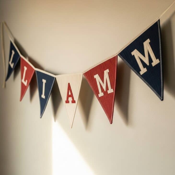 Fabric pennant banner spelling a name in vintage airfield lettering